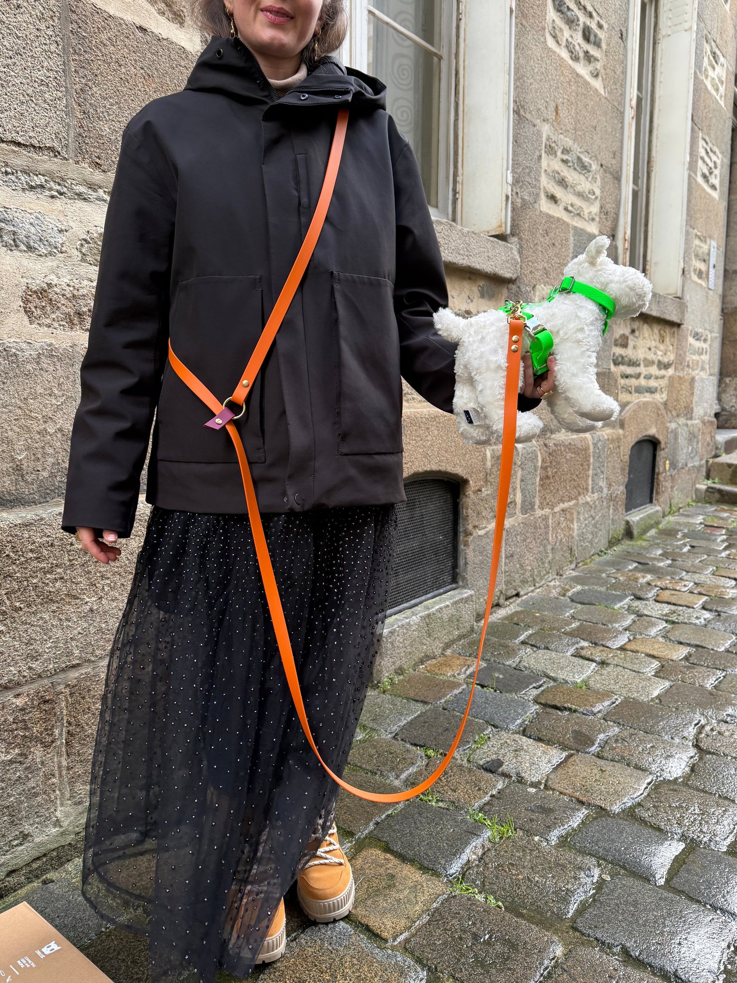 Laisse kit main libre- Abricot&lie de vin 3m en Biothane