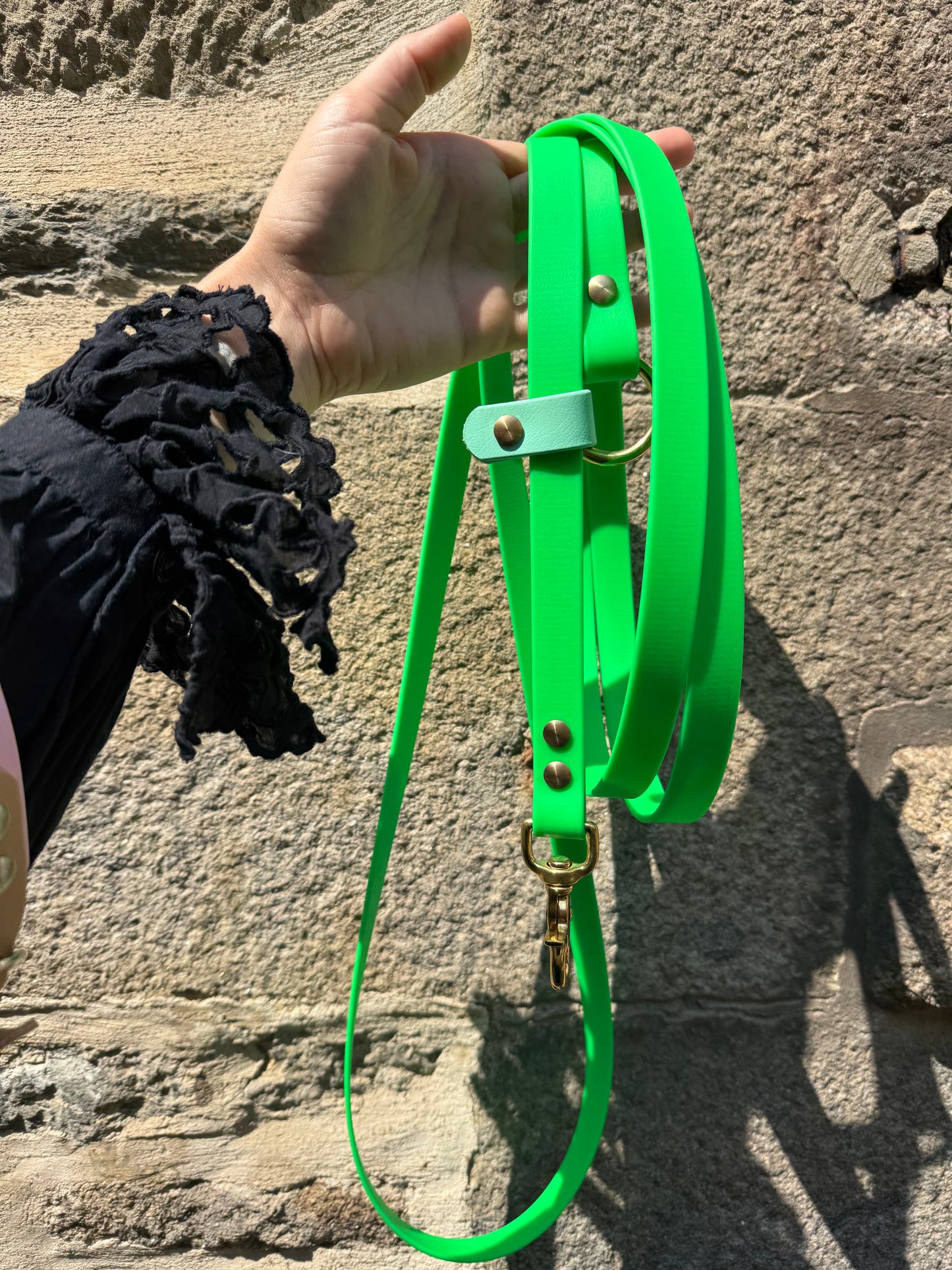 Laisse kit main libre - Biothane - vert néon et caraïbe
